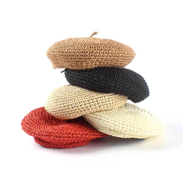 

2019 summer sun hats women color beret straw solid french hat women casual spring holiday artist caps beach hat, Blue;gray