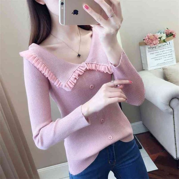 

flower side v-neck sweater women autumn winter long-sleeved knitted stitching button decorative female 210427, White;black