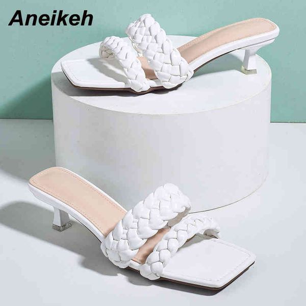 

summer pu woven fabrics concise peep toe thin heels women shoes fashion slip on slides ladies dress party checkered 210507, Black