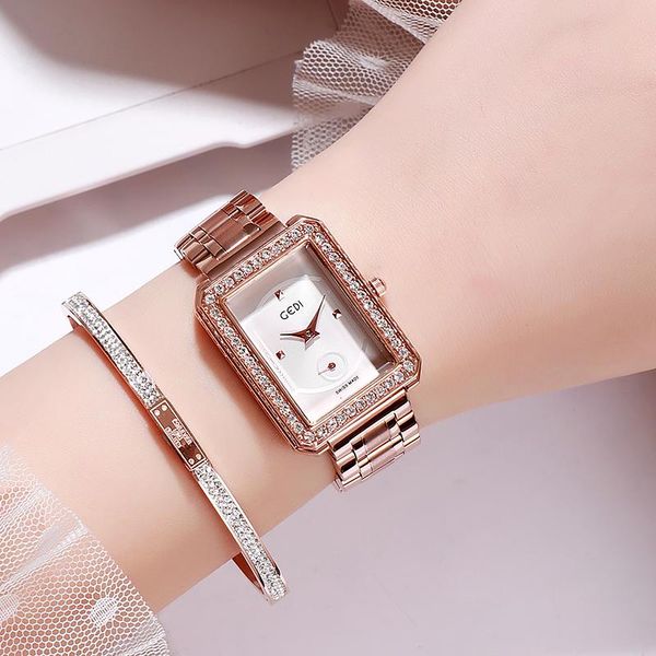 

luxury watch women quartz wristwatches ladies watches stainless steel waterproof square fashion diamond casual rose gold, Slivery;brown