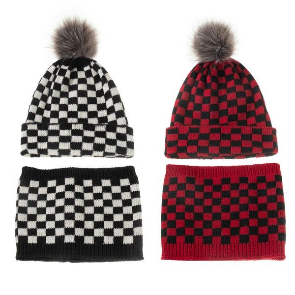 

hats, scarves & gloves sets 4pcs parent-child knitted hat scarf set fall winter ladies baby red/white black plaid plush ball decoration warm, Blue;gray