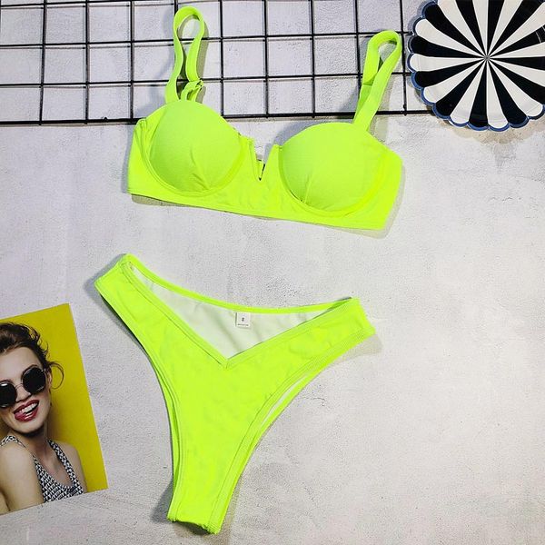 

none green bikini push up swimsuit female swimwear women v ne bikini set high leg cut bather bathing suit swim wear 5220b