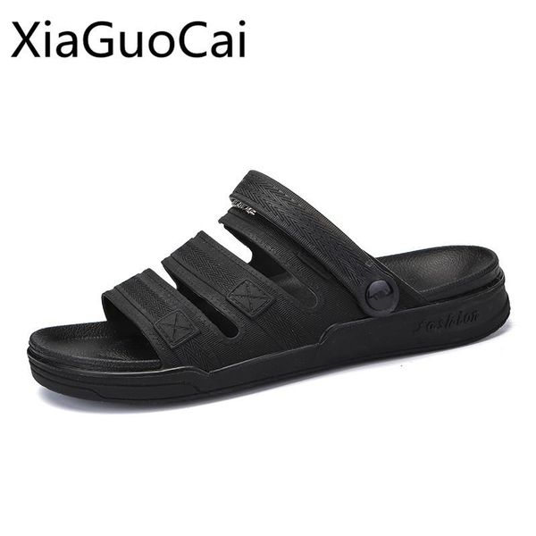 

men sandals jelly shoes garden summer beach metal breathable casual flats slip on slippers, Black