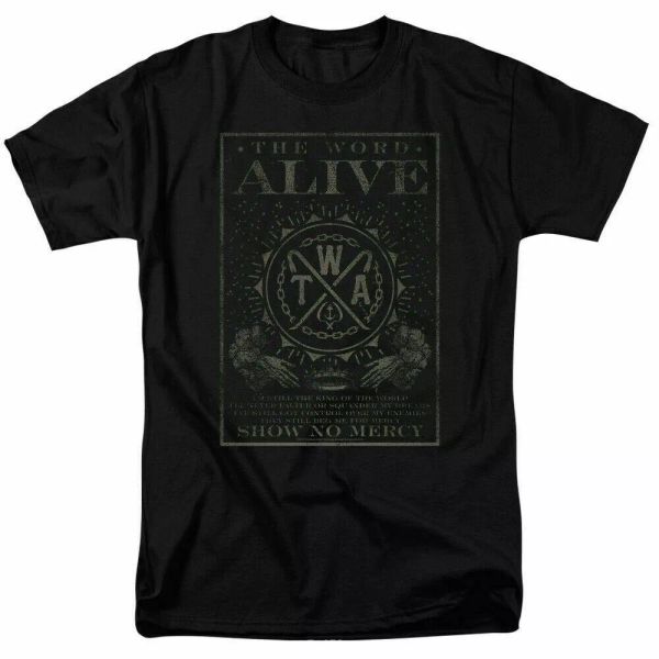 

the word alive show no mercy t shirt licensed heavy metal rock band merch black, White;black