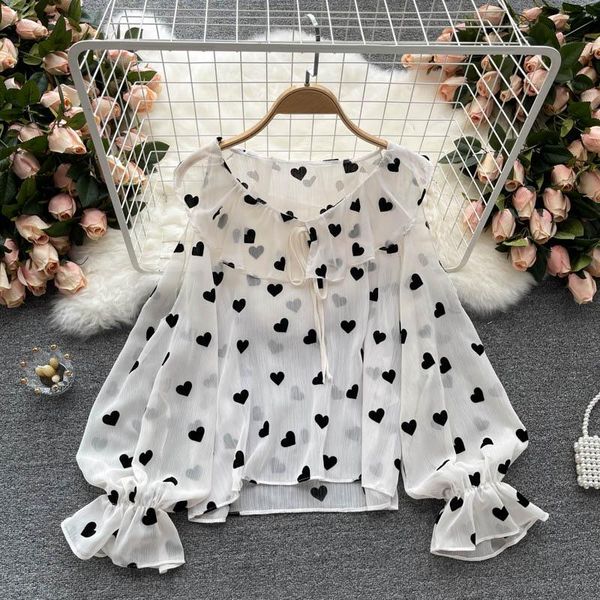 

women's blouses & shirts summer chiffon blouse female hollow puff sleeve age reduction blusa round neck love printing wild shirt gl323, White