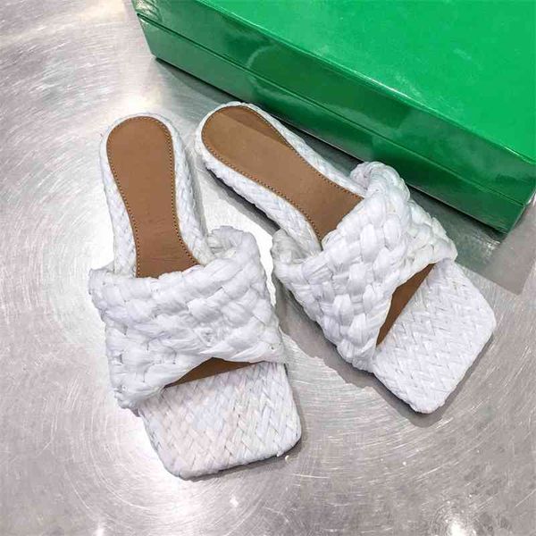 

2021 spring brand slippers new lafite grass woven pink braid fold flat mules shoes flip flops party sandals for women wedding, Black