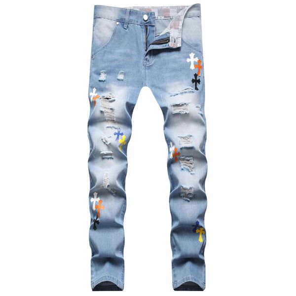 

jeans trendy high street trendy men's light blue color cross digital print hole small straight