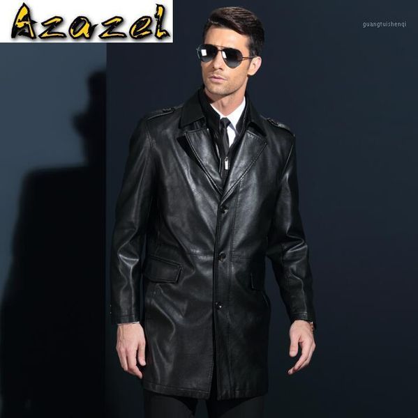 

men's fur & faux autumn winter middle-aged leather jacket clothing long trench coat genuine jackets, Black