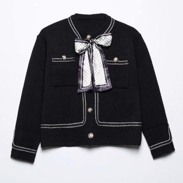 

women's jackets 2021 fall products european and american street fashion bow tie accessories knit cardigan jacket, Black;brown