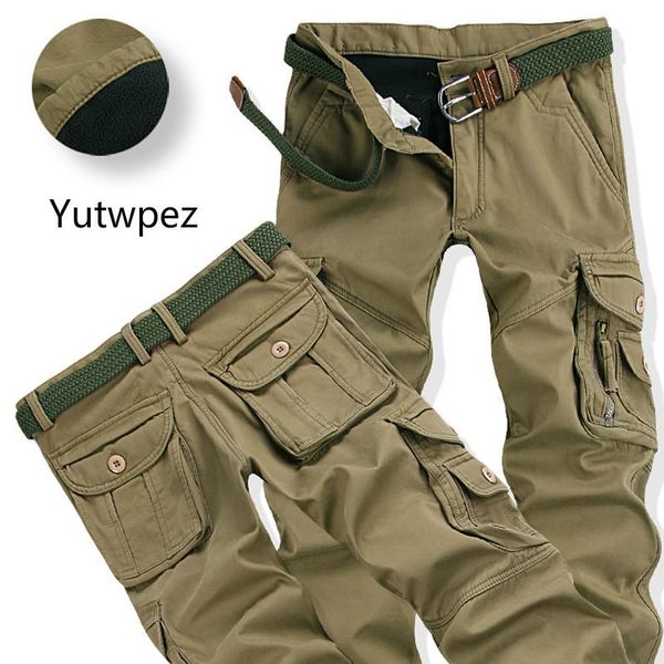 

mens winter pants thick warm cargo casual fleece pockets fur trouser plus size 38 40 fashion loose baggy joger worker male men's, Black