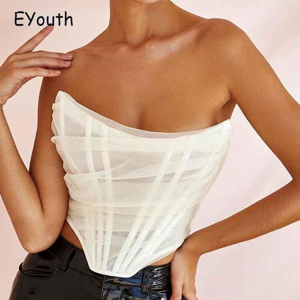 

women's tanks & camis mesh women crop 2021 summer high street solid color casual streetwear party club wear off shoulder corse, White
