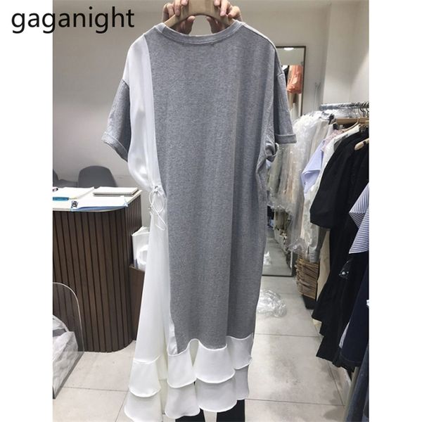 

patchwork ruffles women t shirt dress short sleeve o neck straight loose lady korean dresses female vestidos 210601, Black;gray