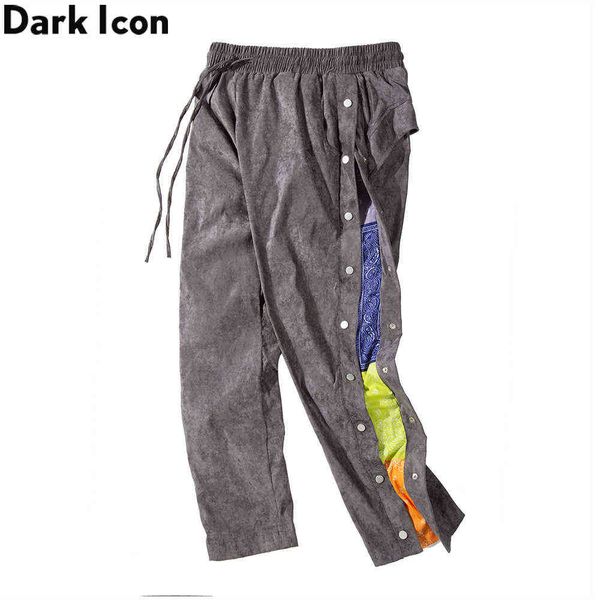 

bandana patchwork side button men's pants elastic waist pants men high street pants 210603, Black