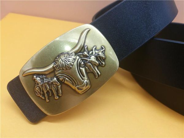 

men's crocodile belt leather genuine buckle punk 3d cow head with metal hip-hop jeans belts, Black;brown