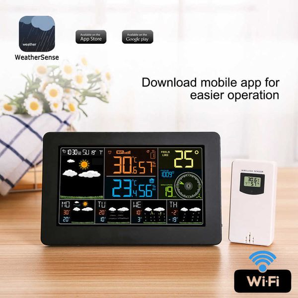 FJW4 WiFi Digitaler Wecker Multifunktionale Farbwetterstation Indoor Outdoor Thermometer Hygrometer Monitor APP-Steuerung 210719