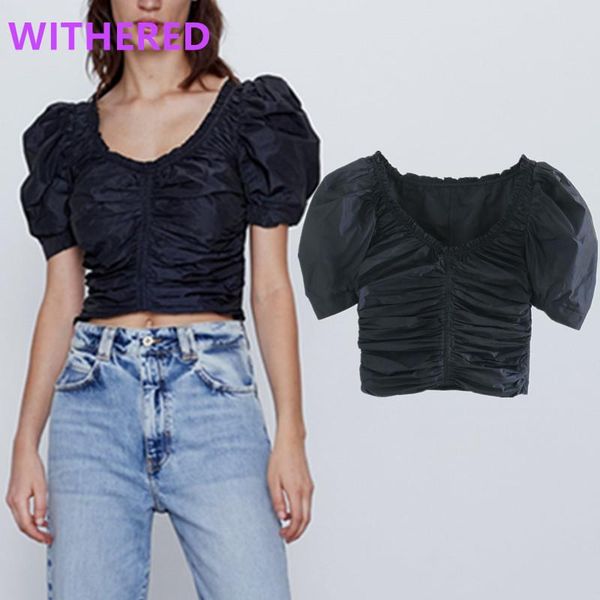 

women's blouses & shirts withered high street pleated puff sleeve summer short blouse women blusas mujer de moda 2021 shirt womens, White