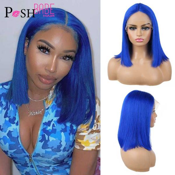 

lace wigs 13x1 t part wig blue colored front short bob remy brazilian hair for women human 180 density, Black;brown