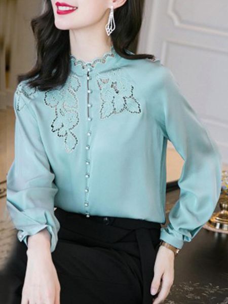 

women's blouses & shirts retro long-sleeved stand-collar imitation silk shirt women 2021 spring fashion temperament embroidered satin h, White