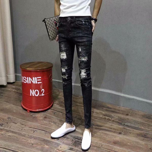 

men's jeans spring style simple ripped korean slim feet ankle length pants tight-fitting cat claw trendy long, Blue