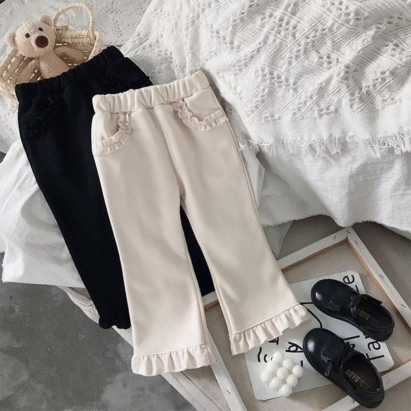 

trousers children's solid color pants 2021 winter korean style lace thick warm toddler baby girls bell-bottom pant, Blue