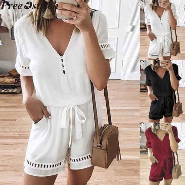 

women's jumpsuits & rompers short jumpsuit summer women wide leg belt high waist loose plus size casual solid color v-neck ladies fashi, Black;white