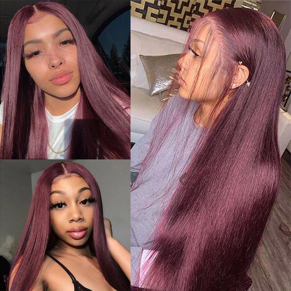 

lace wigs dark 99j burgundy bone straight hair 13x4 front human ombre wig 180% density remy pre plucked, Black;brown