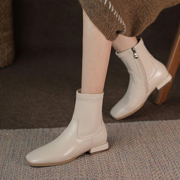 

boots flat heel single women's 2021 autumn square head elastic short tube thin white thick large, Black