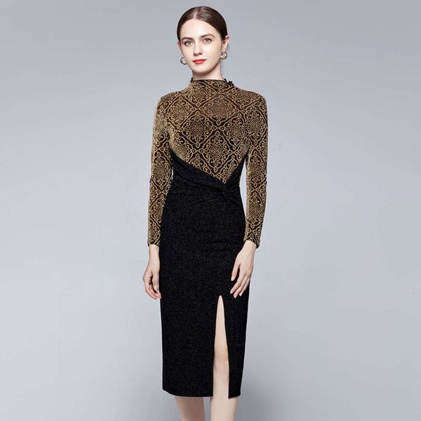

dress dressversatile style in autumn and winter medium length round neck print stitching slim split, Black;gray