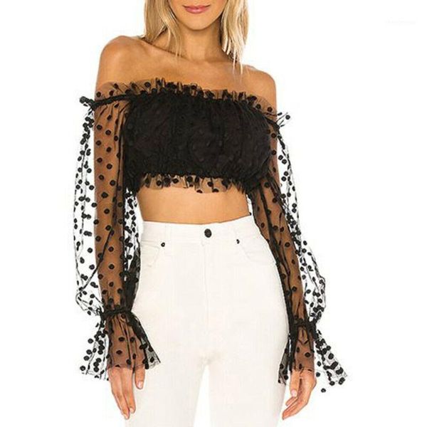 

black color polka dot off shoulder crop women summer print lantern sleeve shirts lady slash neck beach blouse women's blouses &, White