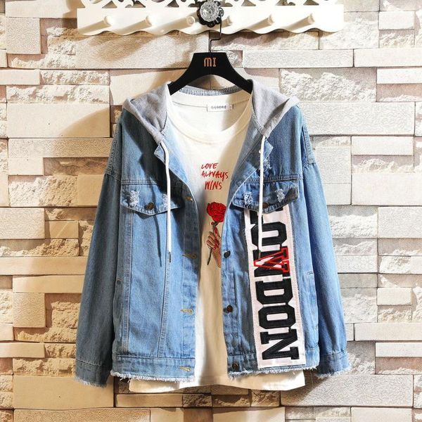 

loose printed denim jacket casual hooded long-sleeved distressed coat in 2021 autumn men's jackets, Black;brown