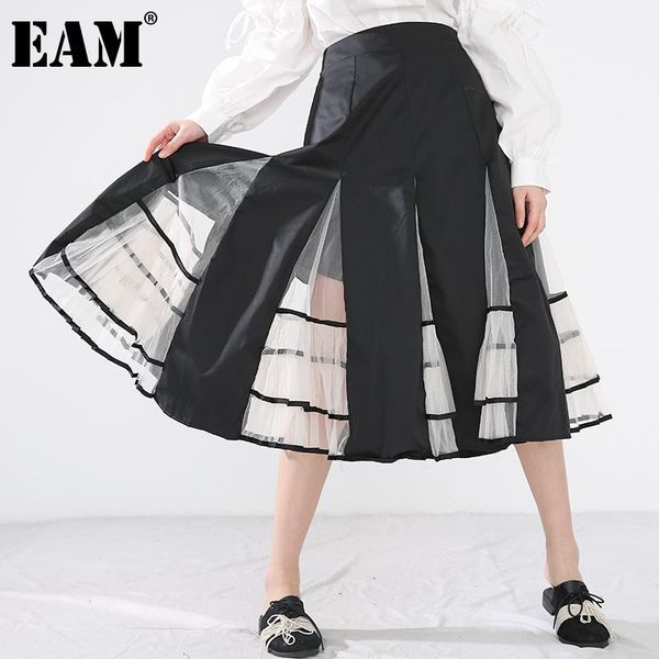 

skirts [eam] high elastic waist black mesh perspective pleated long half-body skirt women fashion tide spring autumn 2021 1x71501