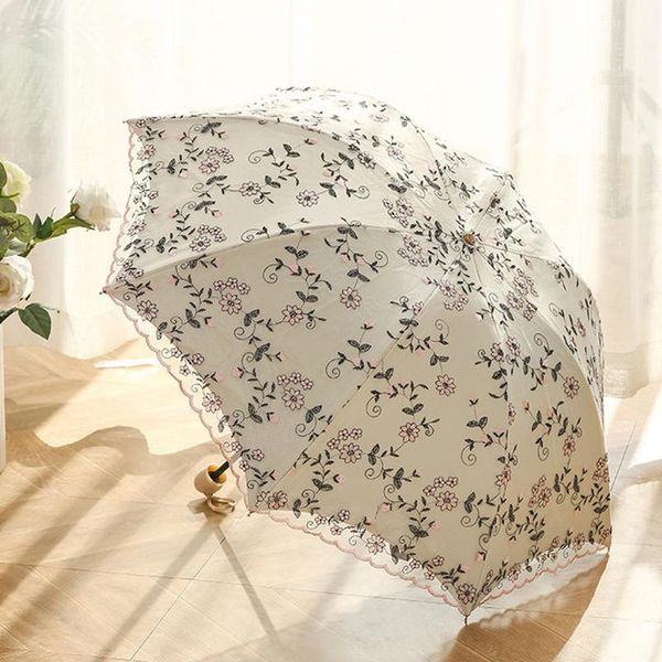 

umbrellas vintage embroidered lace umbrella elegant lady sunshade black rubber three folding sun sweet parasol