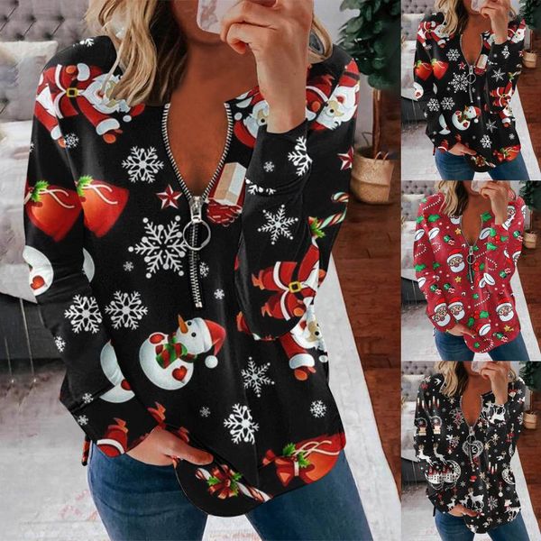 

women's blouses & shirts womens christmas casual pringting stripe zipper blouse shirt long sleeves v neck autumn elegant top, White