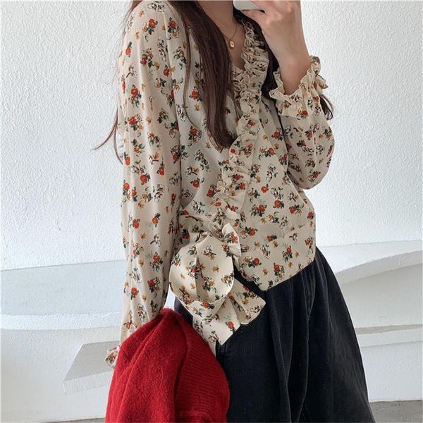 

loose sweet floral shirt female korean harajuku cute women's shirts ulzzang japanese kawaii ladies vintage clothes for women blouses &, White