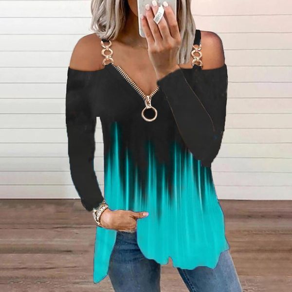

women's blouses & shirts casual slash neck blouse tie-dye printing strapless zipper long sleeves and blusas mujer de moda 2021, White