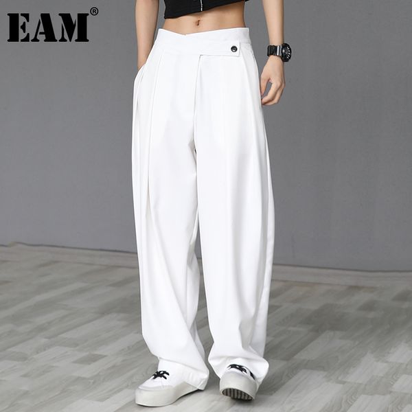 

[eam] high elastic waist black oblique buckle wide leg trousers loose fit pants women fashion spring autumn 1dd6827 21512, Black;white