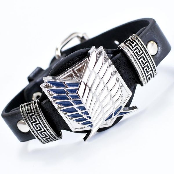 

leather shingeki no kyojin wing attack on wrist band titan bracelet for men women fans friends gift jewelry anime charm bracelets, Golden;silver