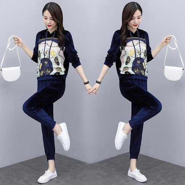 

women's tracksuits autumn fashion plus size printed stitching hoodies +haroun pants sets female large 2-piece velvet tracksuit, Gray