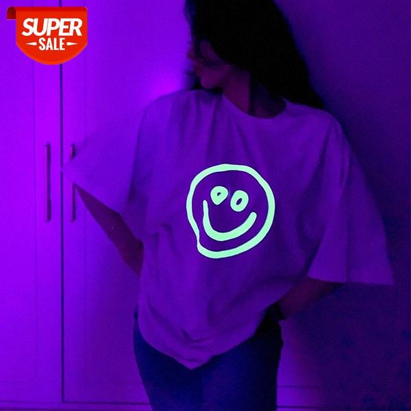 

ss japan and south korea pure cotton paris print smiley luminous reflective t-shirt short sleeve direct sales #kn9a, White