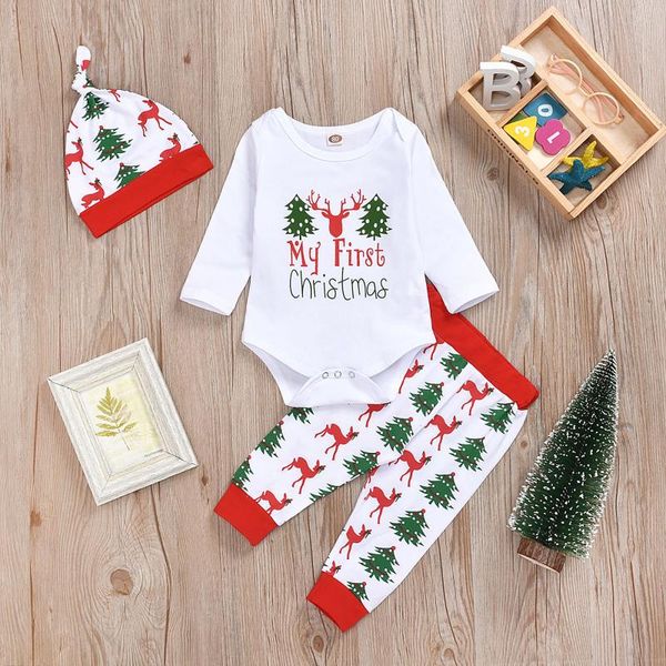 

clothing sets bodysuit baby my first christmas clothes born kids girls boys outfits 3pcs romper+pants+hat set year's costume, White