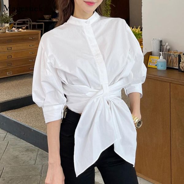 

women's blouses & shirts korean style white shirt women summer 2021 half sleeve lace-up waist casual fashion stand collar lady blusas