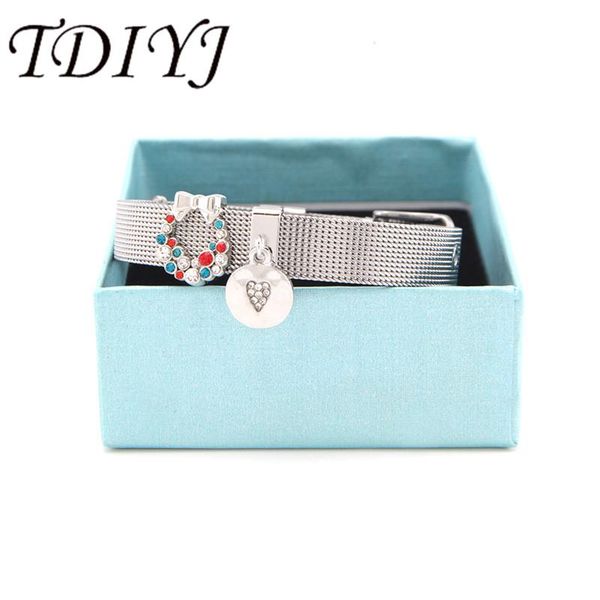 

charm bracelets tdiyj for christmas gift box crystal beard heart dangle collection charms diy stainless steel mesh silver bracelet 1set, Golden;silver