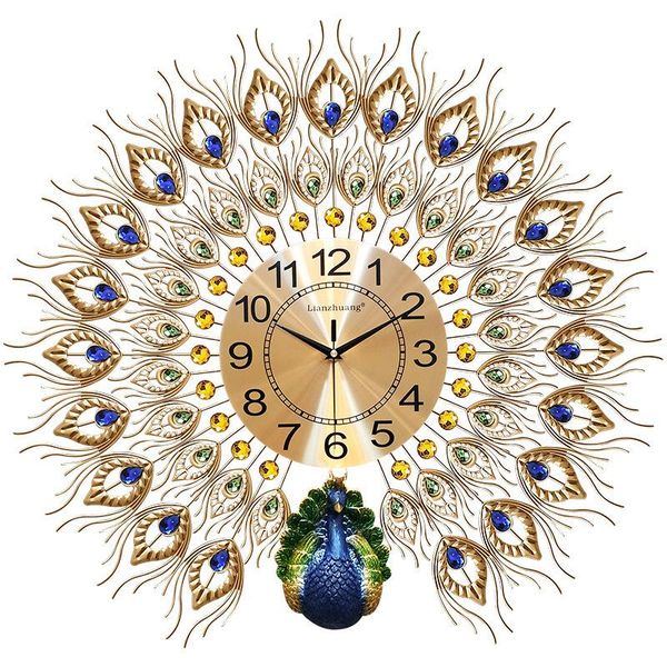 

60*58cm peacock wall clock modern design luxury watch bedroom living room decoration quartz silent golden clocks hw128