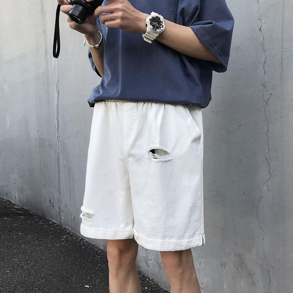 

men's shorts summer men fashion solid color straight casual tear hole man streetwear trend wild hip hop loose, White;black