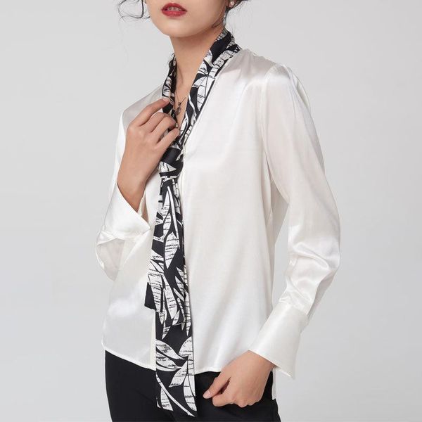 

97% silk blouse women spring atumn natural shirt with bow print big ribbon 2021 long sleeve womens blouses and yq542 women's & shirts, White