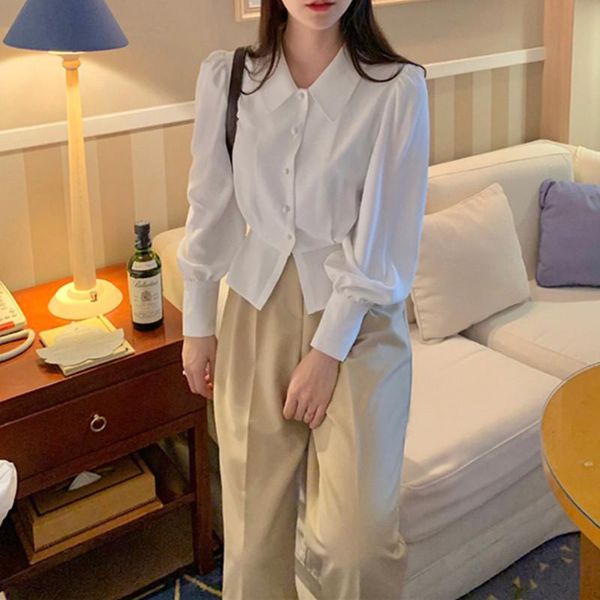 

casual pant suits loose two piece set outfits women korean long sleeve + high waist wide leg office lady 2 sets women's pants, White