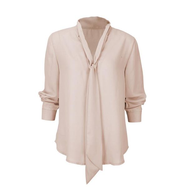 

women's blouses & shirts women long sleeve v collar casual tie chiffon shirt v-neck solid grey khaki red navy office lady simple blouse, White