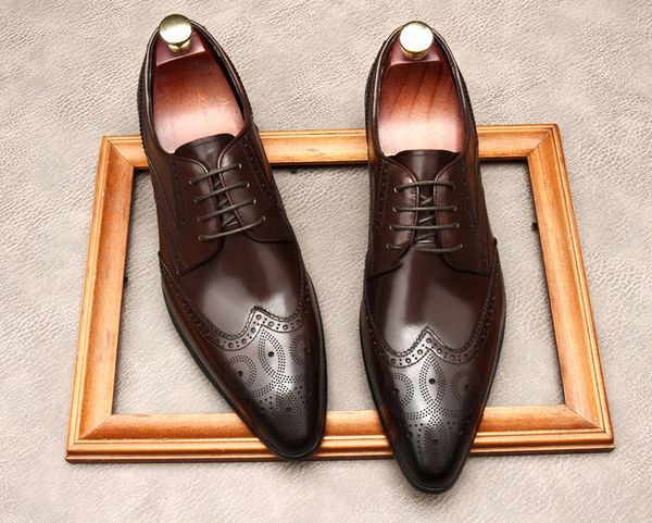 

fashion men shoes oxford genuine leather casual lace up wingtip formal shoes wedding business black coffee color dress shoes men