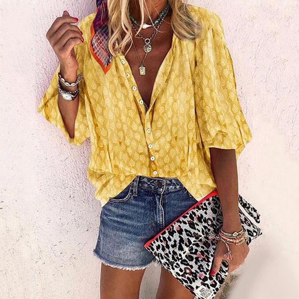 

women's blouses & shirts print solid color blouse with button women summer fashion long sleeve v-neck ladies loose casual plus size s-, White