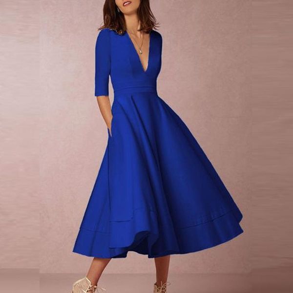 

party dresses deep v neck half sleeves night club long solid color navy dress elegant a-line white maxi simple female office casual, White;black